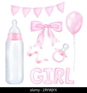 Set per neonati, bandiere rosa, biberon, succhietto, fiocco, palloncino. Illustrazione ad acquerello disegnata a mano isolata su sfondo bianco. Rivelazione di genere Foto Stock