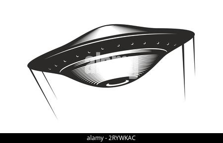Disco volante UFO con icona sentieri, spazio vettoriale, vita extraterrestre. Astronave aliena retrò o astronave fantasy della galassia degli invasori marziani. Futuristico veicolo spaziale UFO e oggetto volante non identificato Illustrazione Vettoriale
