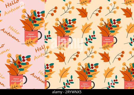 Set di 2 tazze autunnali senza cuciture con bouquet di foglie secche, rami stagionali con bacche. Design vettoriale per confezionamento, poster, biglietti di auguri o biglietti di invito, prezzo, etichetta, sfondo o Web Illustrazione Vettoriale