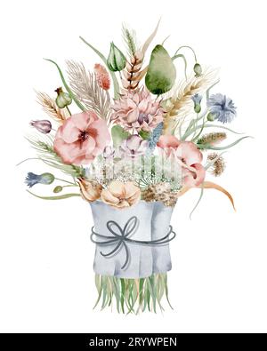 Illustrazione ad acquerello di un bouquet autunnale di fiori, in caldi colori tenui su sfondo bianco, disegnato a mano Foto Stock