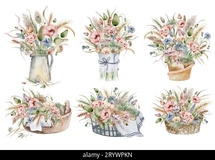 Una serie di illustrazioni ad acquerello di un bouquet autunnale di fiori, in colori caldi e scuri su sfondo bianco, disegnati a mano Foto Stock