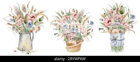 Una serie di illustrazioni ad acquerello di un bouquet autunnale di fiori, in colori caldi e scuri su sfondo bianco, disegnati a mano Foto Stock