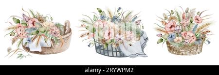 Una serie di illustrazioni ad acquerello di un bouquet autunnale di fiori, in colori caldi e scuri su sfondo bianco, disegnati a mano Foto Stock