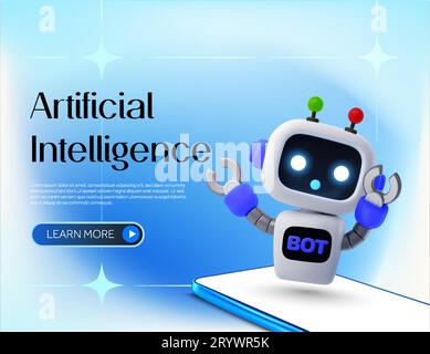 Modello banner di intelligenza artificiale con robot simpatico che galleggia sullo smartphone. Concetto di landing page del servizio dell'app mobile AI chatbot. icona chatbot con rendering 3d isolata sullo sfondo. vettore 3d. Illustrazione vettoriale Illustrazione Vettoriale