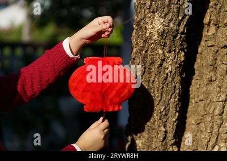 Donna asiatica che tiene una lanterna rossa cinese del capodanno mentre è decorata con un ciondolo tradizionale per le celebrazioni cinesi del capodanno in bocca al lupo. Foto Stock