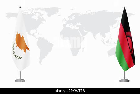 Repubblica di Cipro e Malawi bandiere per riunioni ufficiali sullo sfondo della mappa mondiale. Illustrazione Vettoriale