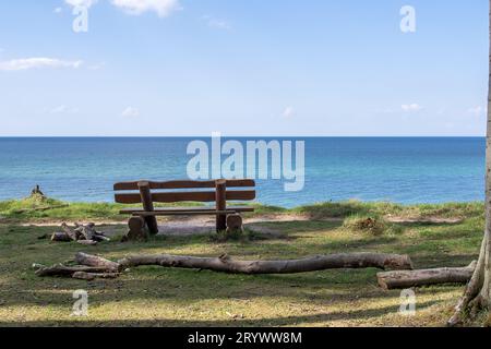 Una panchina vuota di fronte a un mare tranquillo Foto Stock