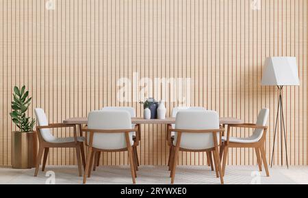 Sala da pranzo e cucina con pavimento in legno, spazio fotocopie su sfondo bianco Foto Stock