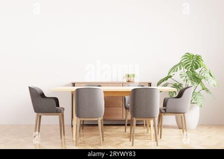 Interni bianchi e moderni della sala da pranzo con elegante e confortevole tavolo e armadio in legno Foto Stock