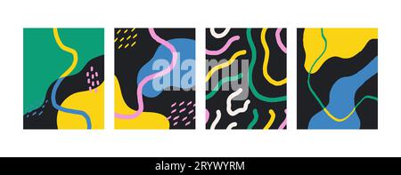 Ingenuo set di doodle Boho vettoriali con scanalature. Brutali motivi ondulati ovali a stella di una figura contemporanea. Design svizzero. Poster neri geometrici in stile ret alla moda Illustrazione Vettoriale