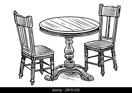 Tavolo rotondo in legno con sedie disegnato a mano. Illustrazione vettoriale vintage stile incisione. Illustrazione Vettoriale