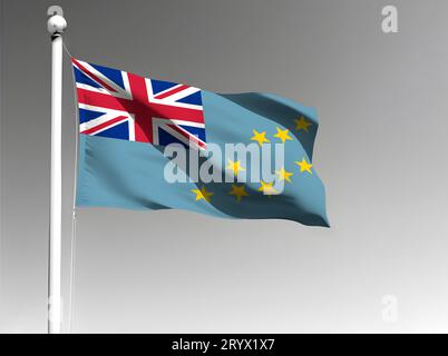 Bandiera nazionale di Tuvalu, isolata, che sventola su sfondo grigio Foto Stock