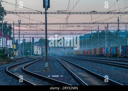 Treno cargo di colore nebbioso mattina autunnale vicino alla stazione di Horni Dvoriste vicino al confine con l'Austria Foto Stock