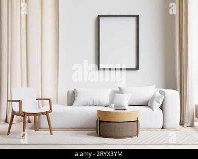 Soggiorno in stile minimalista con rendering 3D e pavimento in legno Foto Stock