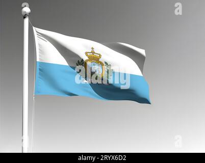 Bandiera nazionale di San Marino isolata che sventola su sfondo grigio Foto Stock