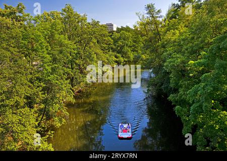 Coppia in pedalò sul fiume Lahn, Marburgo, Assia, Germania, Europa Foto Stock