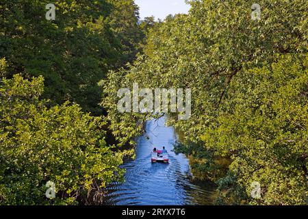 Coppia in pedalò sul fiume Lahn, Marburgo, Assia, Germania, Europa Foto Stock