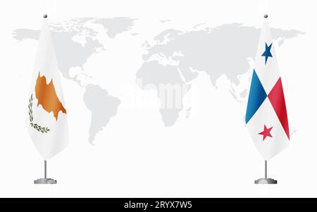 Repubblica di Cipro e Panama bandiere per riunioni ufficiali sullo sfondo della mappa mondiale. Illustrazione Vettoriale