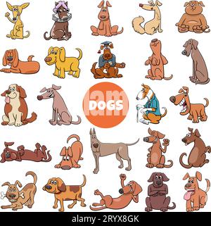 Illustrazione cartoon di cani e cuccioli animali da compagnia personaggi comici grande set Illustrazione Vettoriale