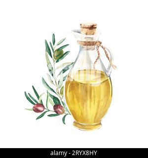 Composizione di brocca di vetro con olio e ramo d'oliva con olive verdi e rosse. Illustrazione ad acquerello disegnata a mano su sfondo bianco. Per il menu Foto Stock