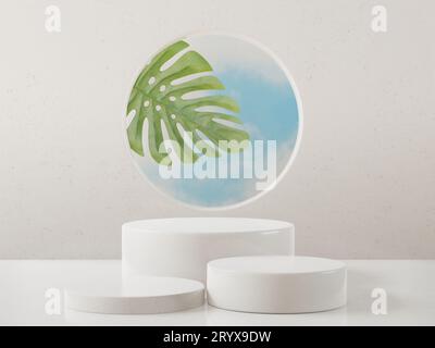 Podio cosmetico in marmo per la presentazione del prodotto e Monstera. per illustrazioni di riviste di moda. illustrazione del rendering 3d. Foto Stock