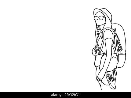 Turista donna con un cappello sulla testa e un grande zaino sulle spalle. Disegno a una linea, illustrazione vettoriale. Illustrazione Vettoriale