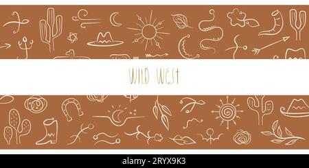 Elementi boho disegnati a mano. Elementi di linea disegnati a mano striscione con animali, uccelli, frecce, piante, simboli. Illustrazione Vettoriale