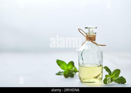 Bottiglia con olio essenziale di menta e foglia verde su sfondo bianco. Ingredienti naturali biologici per cosmetici, cura della pelle, corpo tre Foto Stock