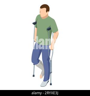 Uomo isometrico con una lesione alla gamba in un gesso su stampelle. Concetto di previdenza sociale e di assicurazione sanitaria. Riabilitazione Illustrazione Vettoriale
