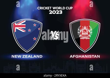 Disegno del distintivo della bandiera internazionale del cricket tra nuova Zelanda e Afghanistan sullo sfondo dello skyline indiano per la finale della Coppa del mondo 2023. EPS Vector per lo sport Illustrazione Vettoriale