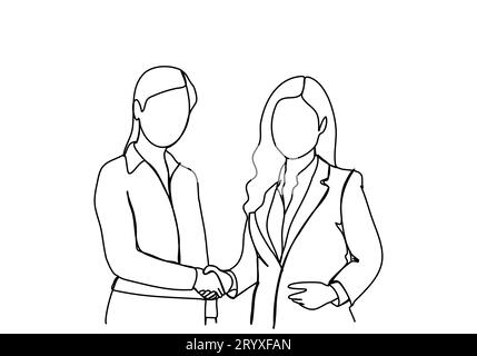 Due donne in tuta d'affari stringono la mano alle trattative d'affari. Illustrazione vettoriale di un disegno a linea. Illustrazione Vettoriale