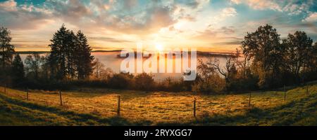 Magnifica alba sull'idilliaco rurale. Un panorama colorato con un cielo romantico e suggestivo, nebbia soleggiata nella valle e sagome di alberi Foto Stock