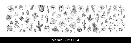 Un grande set di decorazioni natalizie allegro e felice anno nuovo. Rami dell'albero di Natale, vischio, fiore di poinsettia, palle, angelo, stelle nello schizzo Illustrazione Vettoriale