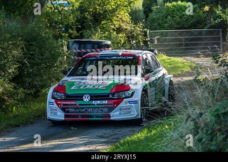 Ceredigion, Galles - 02 settembre 2023 rali Ceredigion: Meirion Evans e il co-pilota Jonathan Jackson in una Volkswagen Polo GTI R5 auto 3 sulla tappa SS1 Bo Foto Stock