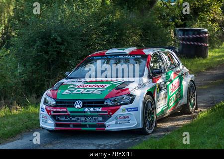 Ceredigion, Galles - 02 settembre 2023 rali Ceredigion: Meirion Evans e il co-pilota Jonathan Jackson in una Volkswagen Polo GTI R5 auto 3 sulla tappa SS1 Bo Foto Stock