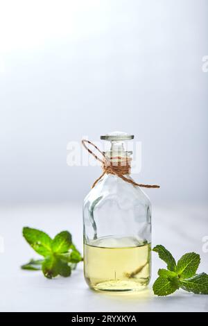 Bottiglia con olio essenziale di menta e foglia verde su sfondo bianco. Ingredienti naturali biologici per cosmetici, cura della pelle, corpo tre Foto Stock