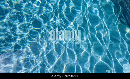 Acqua della piscina astratta. I caustici sul fondo della piscina si riversano e scorrono con onde che fanno da sfondo alla piscina blu Foto Stock