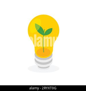 Logo Green eco Energy. Lampadina con foglie. Salvare il concetto del pianeta. Illustrazione vettoriale isolata su sfondo bianco. Illustrazione Vettoriale