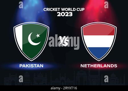 Design del distintivo della bandiera internazionale del cricket Pakistan vs Paesi Bassi sullo sfondo dello skyline indiano per la finale della Coppa del mondo 2023. EPS Vector per uno sport Illustrazione Vettoriale