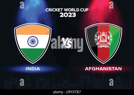 Design del distintivo della bandiera internazionale di cricket India vs Afghanistan sullo sfondo dello skyline indiano per la finale della Coppa del mondo 2023. EPS Vector per una partita sportiva Illustrazione Vettoriale