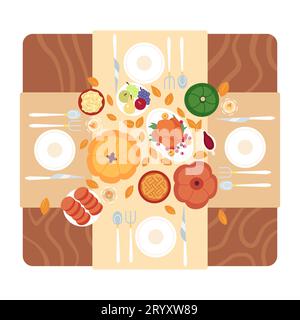 Tavolo da pranzo per il giorno del Ringraziamento, oggetto cartoni animati 2D. Illustrazione Vettoriale