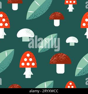 Modello vettoriale senza cuciture con funghi e foglie. Illustrazione Vettoriale
