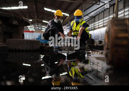 Scienziati e funzionari governativi ispezionano e raccolgono campioni di perdite chimiche nei siti industriali. da esaminare a fondo Foto Stock