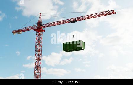 Gru alta con container verde per il carico in magazzino con sfondo cielo. Concetto aziendale industriale e dei trasporti. 3D. Foto Stock