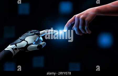 La mano del robot entra in contatto con il dito umano su sfondo blu scuro. Concetto di comunicazione aziendale e innovazione tecnologica. 3 Foto Stock