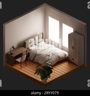 Camera da letto interna con vista isometrica e sfondo dallo stile minimale. Concetto di casa e arredamento. 3D rendering dell'illustrazione Foto Stock