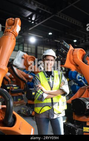 Ritratto di una donna ingegnere con la missione di controllare, testare, migliorare il software e calibrare il braccio robotico. Foto Stock