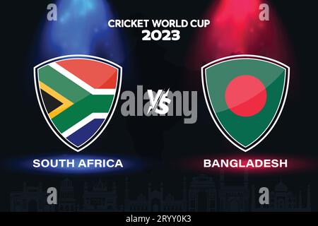 Logo della bandiera internazionale del cricket Sud Africa vs Bangladesh sullo sfondo dello skyline indiano per la finale della Coppa del mondo 2023. EPS Vector per uno sport Illustrazione Vettoriale