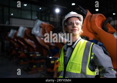 Ritratto di una donna ingegnere con la missione di controllare, testare, migliorare il software e calibrare il braccio robotico. Foto Stock