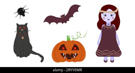 Personaggio dei cartoni animati con bocca di vampiro e zanne. Set di caratteri. BAT, una ragazza, un gatto nero, un ragno e un vampiro di zucca. Poster di Halloween. Festa di Halloween. Illustrazione vettoriale... Illustrazione Vettoriale